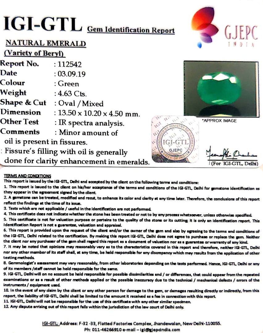 4.63/CT Natural Panna Stone with Govt. Lab Certificate (12210)