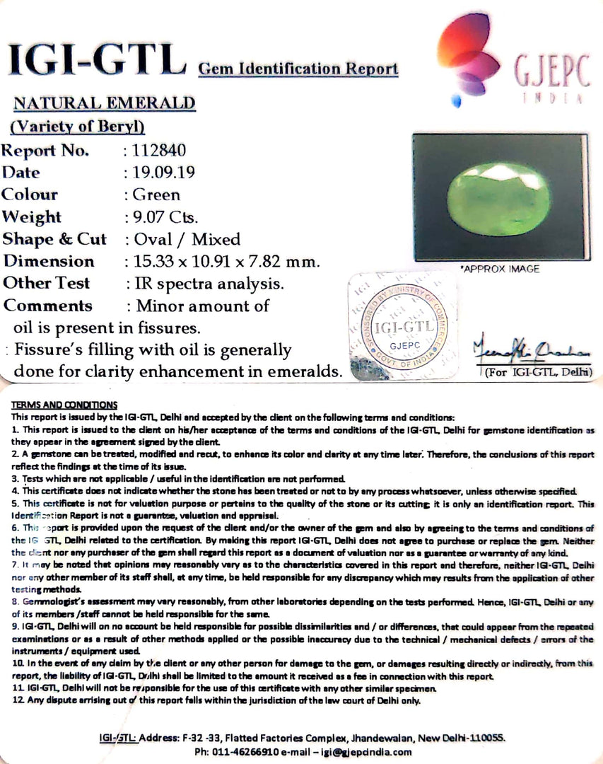 9.07/CT Natural Emerald Stone With Govt. Lab Certificate  (8991)