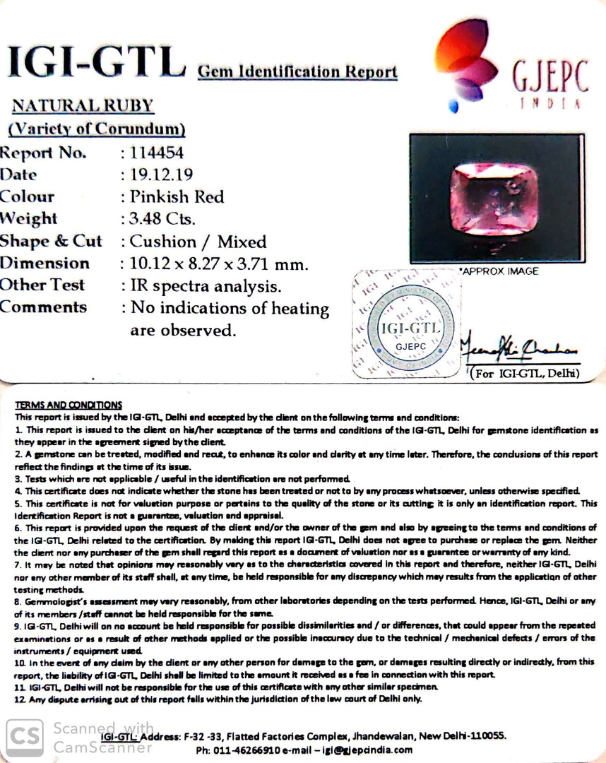 3.48/CT Natural Mozambique Ruby with Govt Lab Certificate (89910)