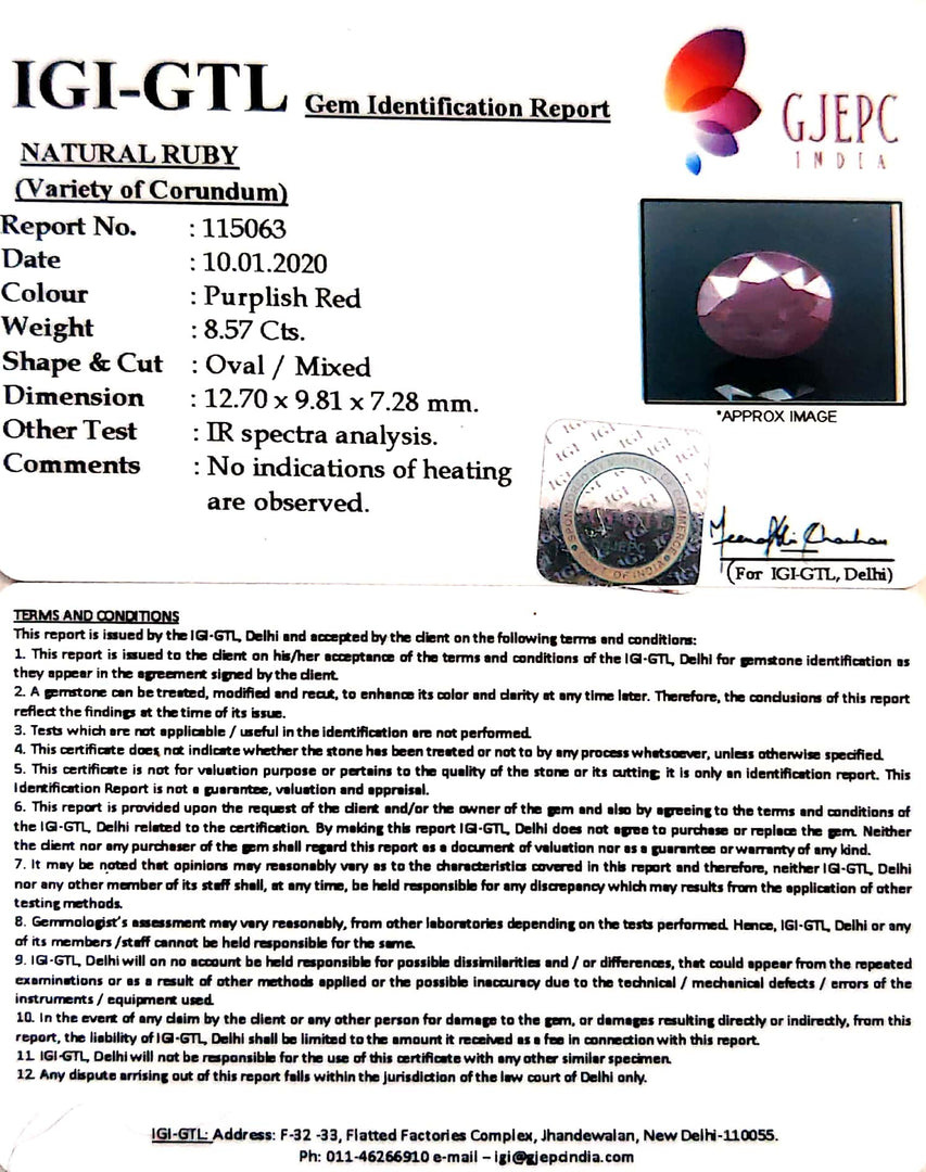 9.52 Ratti Natural Indian Ruby with Govt. Lab Certificate-(1221)