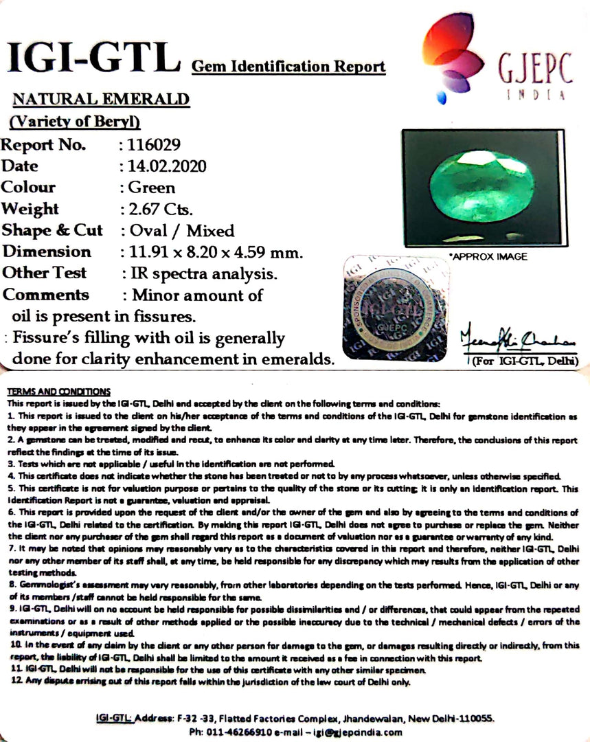 2.67/CT Natural Panna Stone with Govt. Lab Certificate (12210)