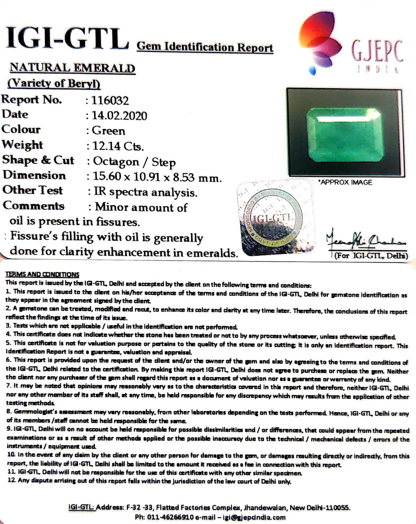 12.148/CT Natural Panna Stone with Govt. Lab Certificate (4551)