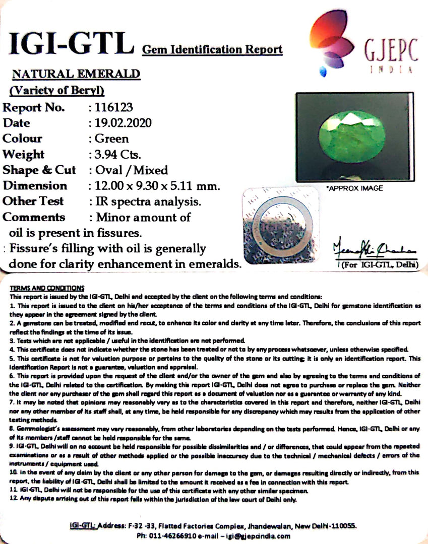 3.94/CT Natural Panna Stone with Govt. Lab Certificate (6771)