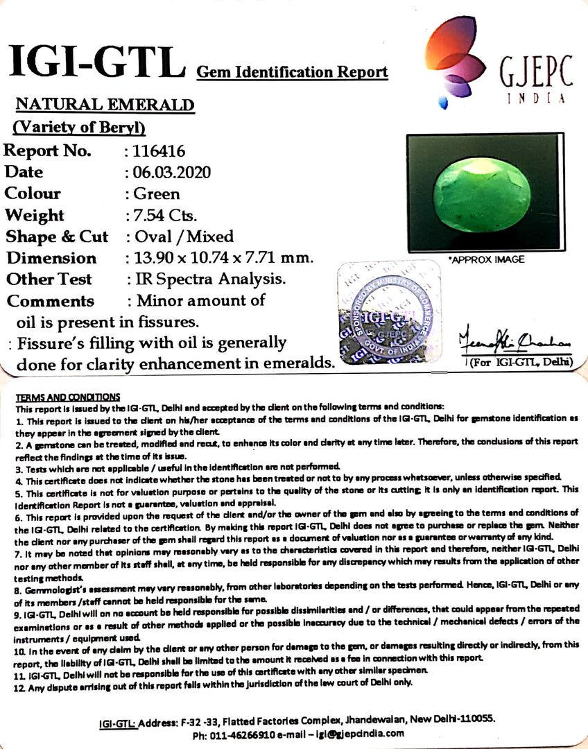 SOLD OUT--Natural Panna Stone with Govt. Lab Certificate (2331) 8.38 Ratti