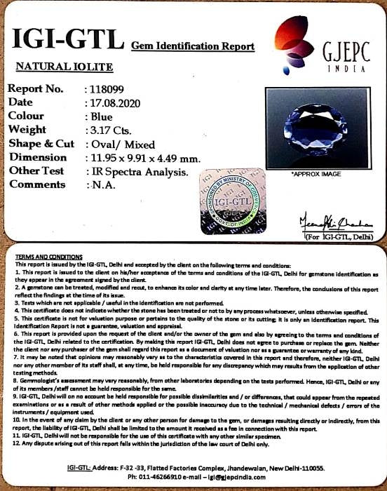 3.51 Ratti Natural Iolite With Govt. Lab Certificate-(2331)