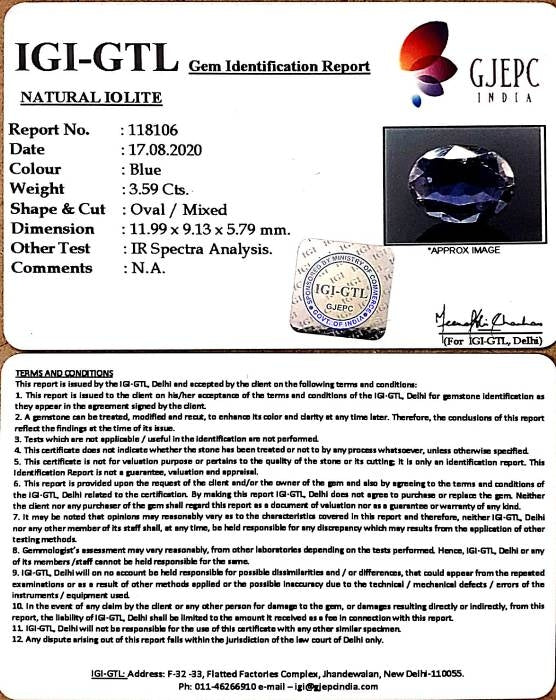 3.98 Ratti Natural Iolite With Govt. Lab Certificate-(2331)