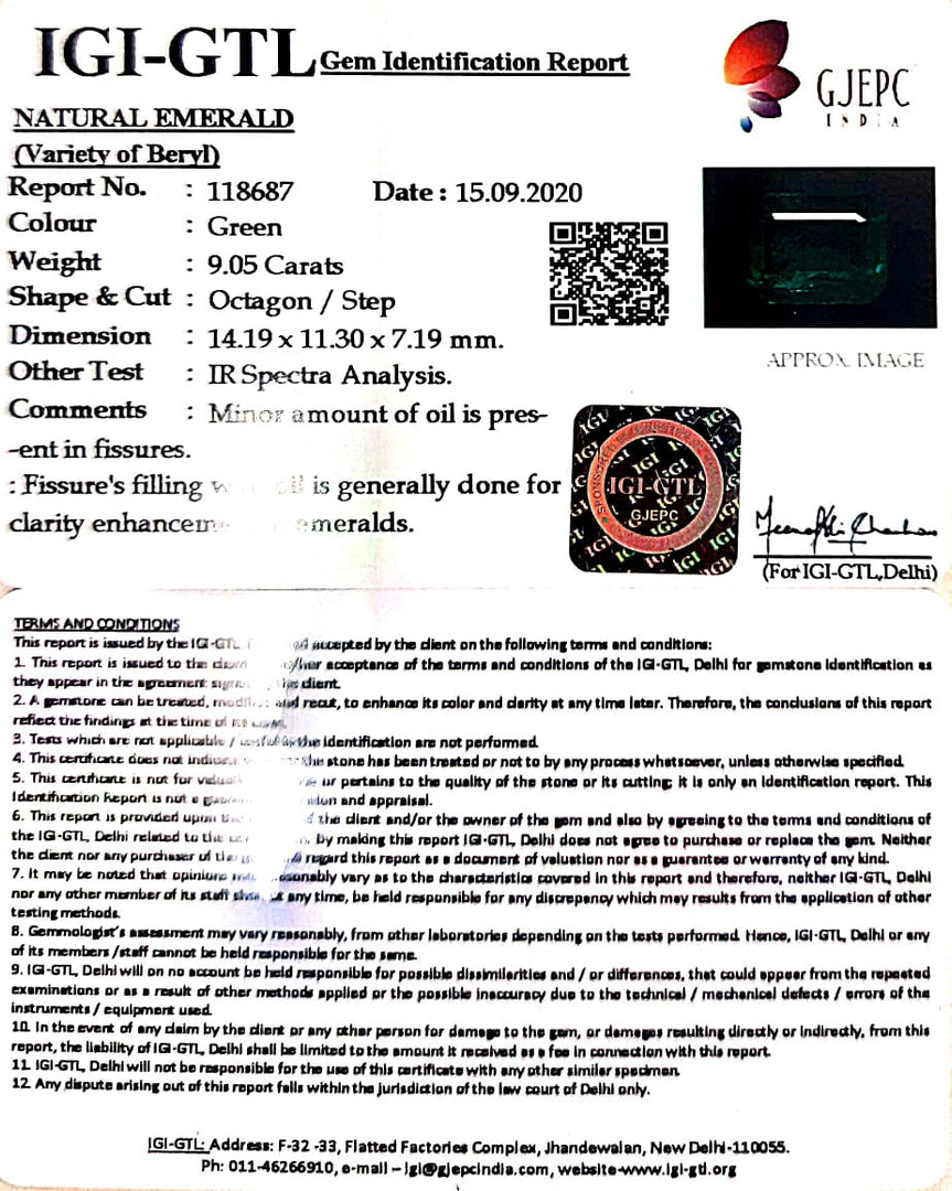 9.05/CT Natural Panna Stone with Govt. Lab Certificate  (89910)