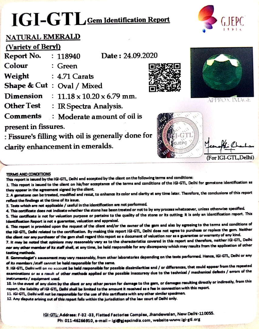 4.71/CT Natural Emerald Stone With Govt. Lab Certificate  (16650)