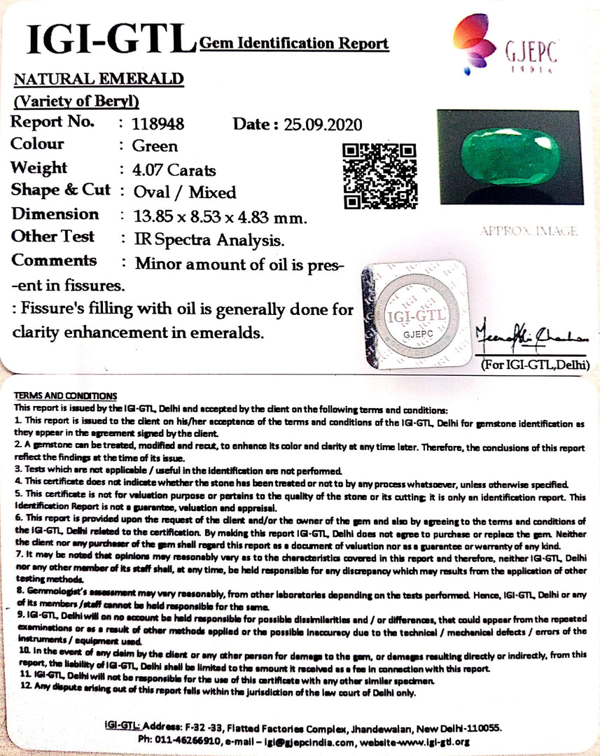 4.51 Ratti Natural Emerald Stone With Govt. Lab Certificate  (8991)