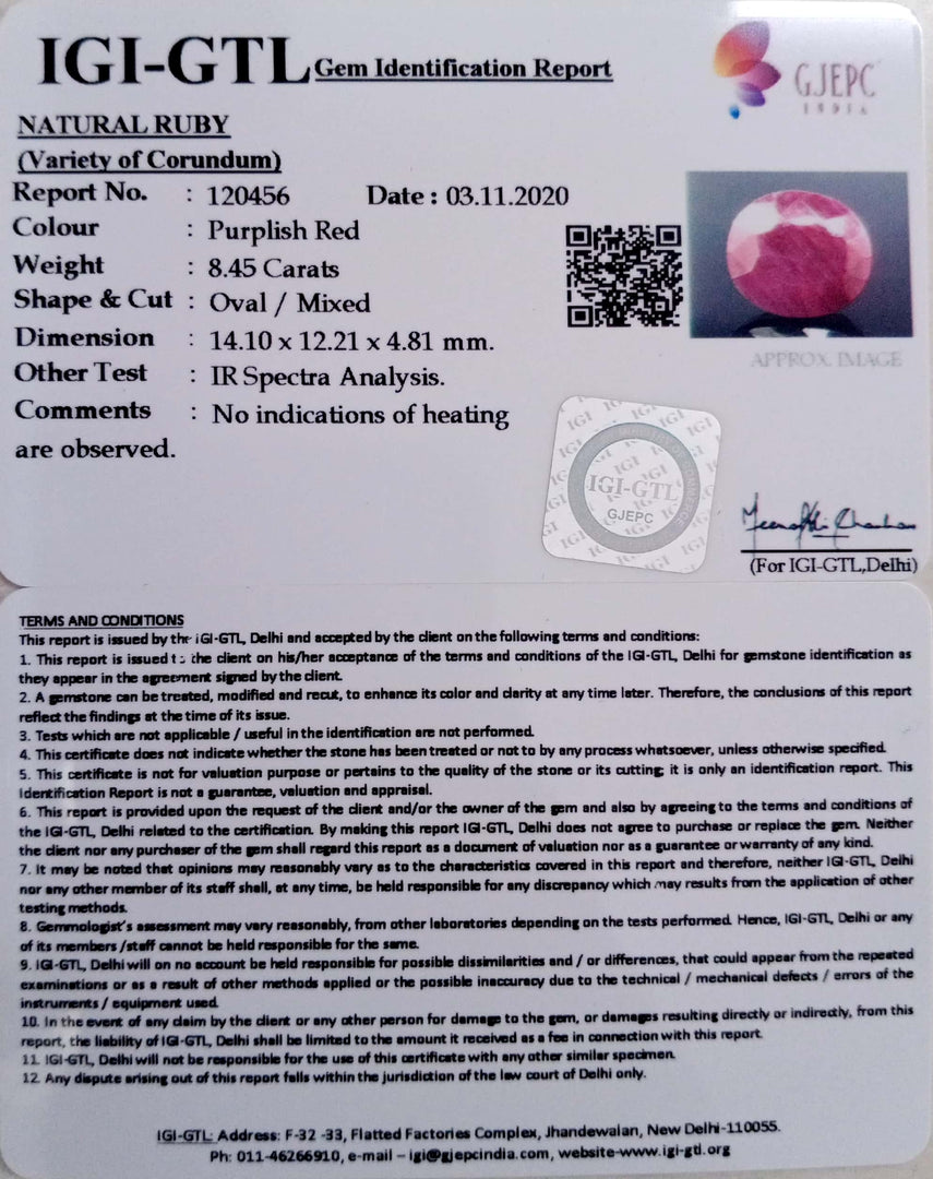 9.37 Ratti Natural Indian Ruby with Govt. Lab Certificate-(1221)