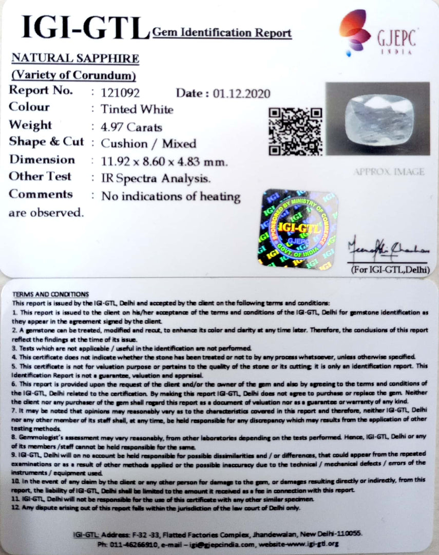 5.33 Ratti Natural White Sapphire with Govt Lab Certificate - (6771)