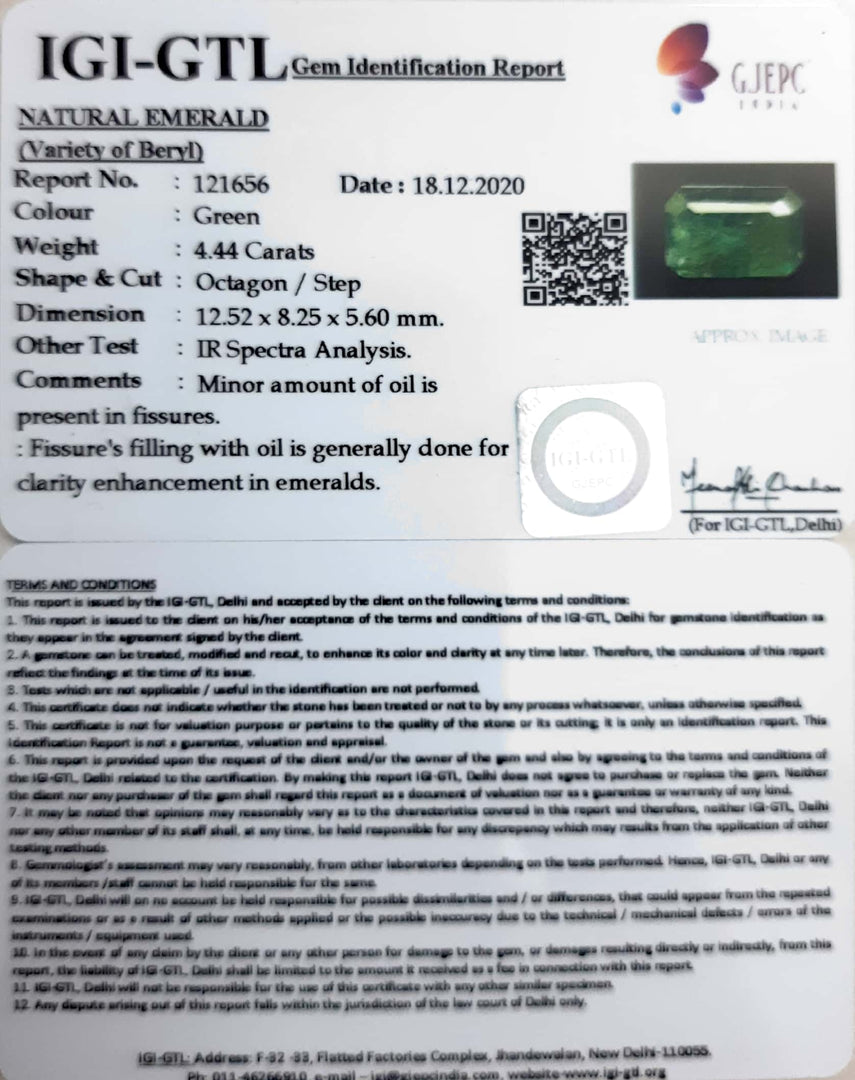 4.44/CT Natural Emerald Stone With Govt. Lab Certificate  (12210)