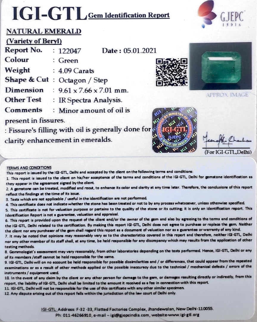 4.09/CT Natural Emerald Stone With Govt. Lab Certificate  (6771)