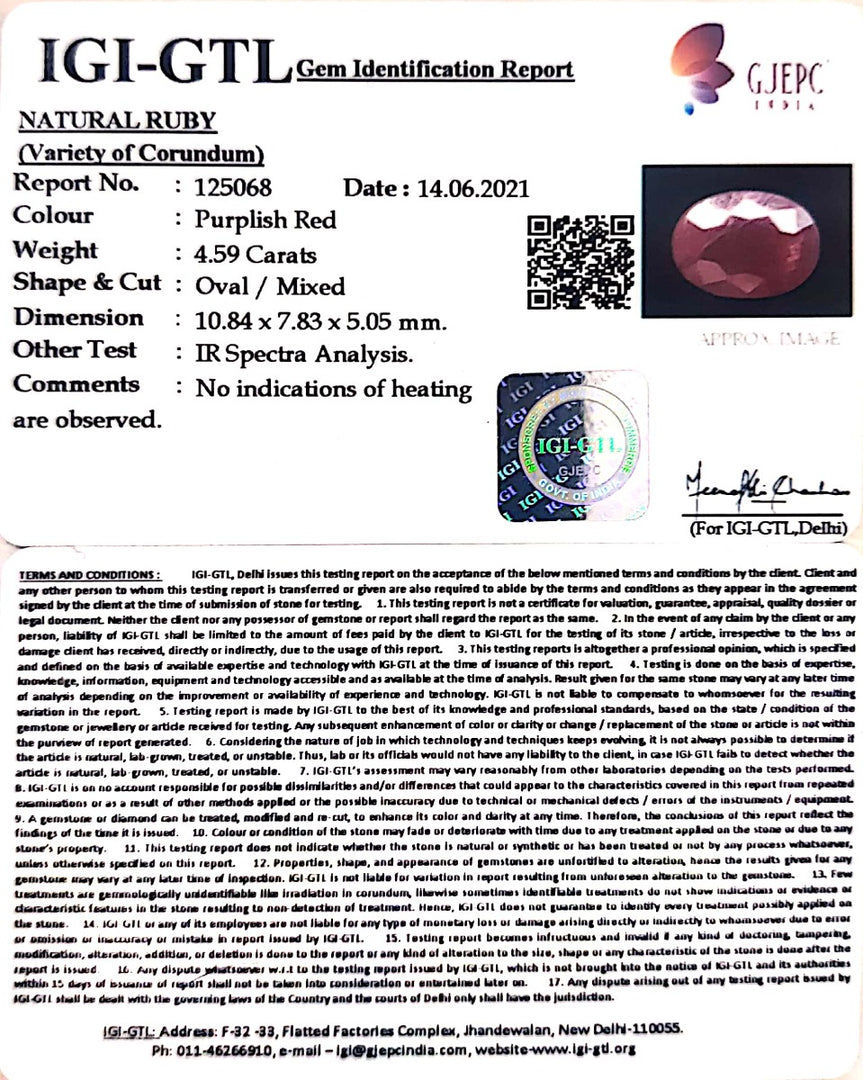 4.59/CT Natural Indian Ruby with Govt. Lab Certificate-(1221)