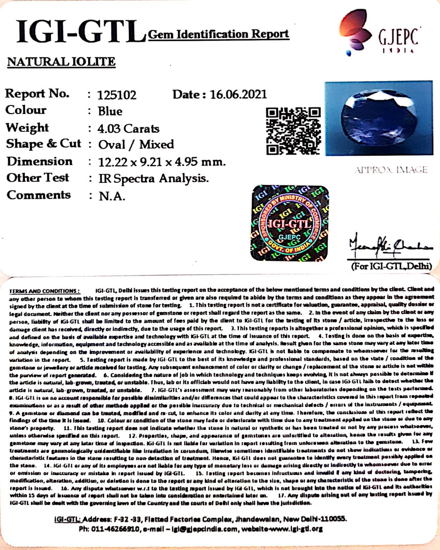 4.47 Ratti Natural Iolite With Govt. Lab Certificate-(1221)