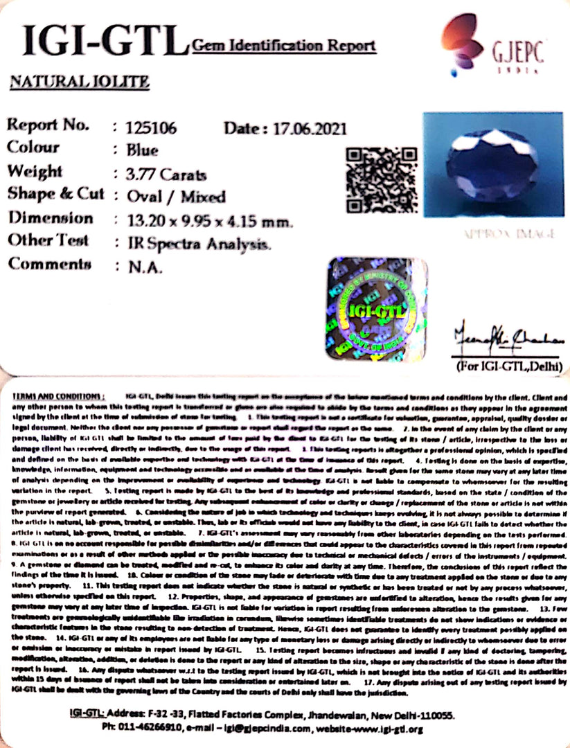 4.18 Ratti Natural Iolite With Govt. Lab Certificate-(1221)