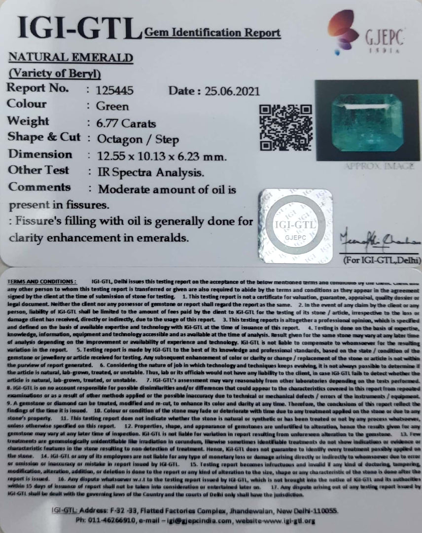 6.77/CT  Natural Emerald Stone With Govt. Lab Certified (12210)