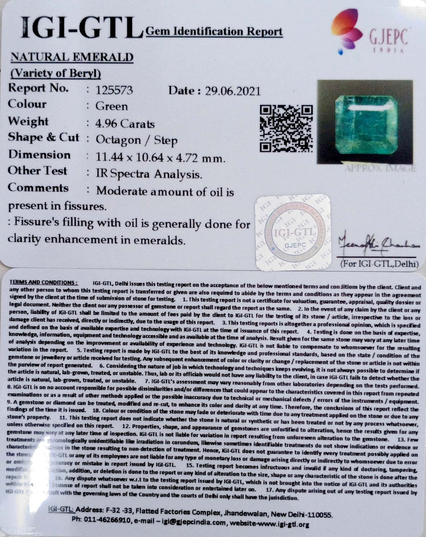 4.96/CT Natural Emerald Stone With Govt. Lab Certified (6771)