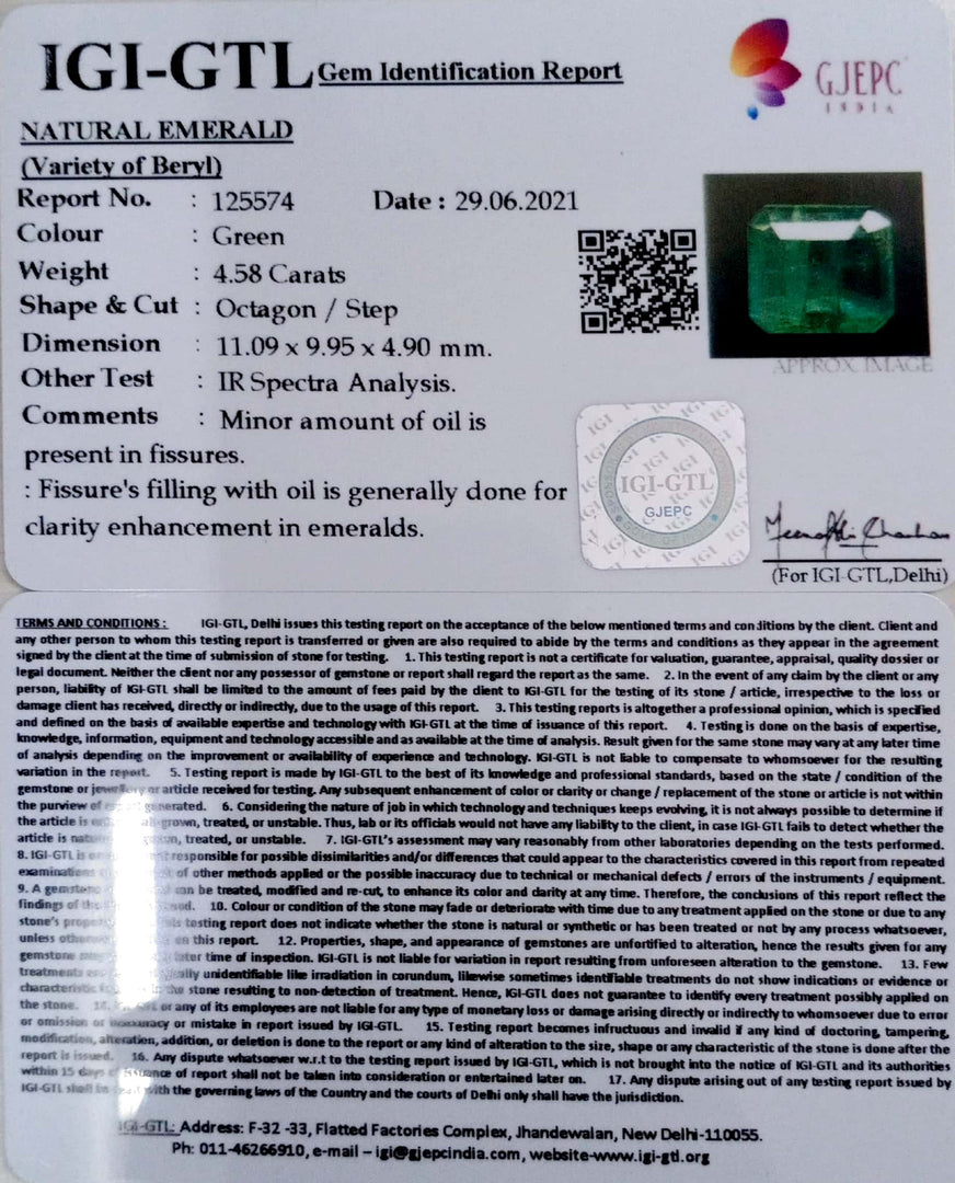 4.58/CT Natural Emerald Stone With Govt. Lab Certified (12210)