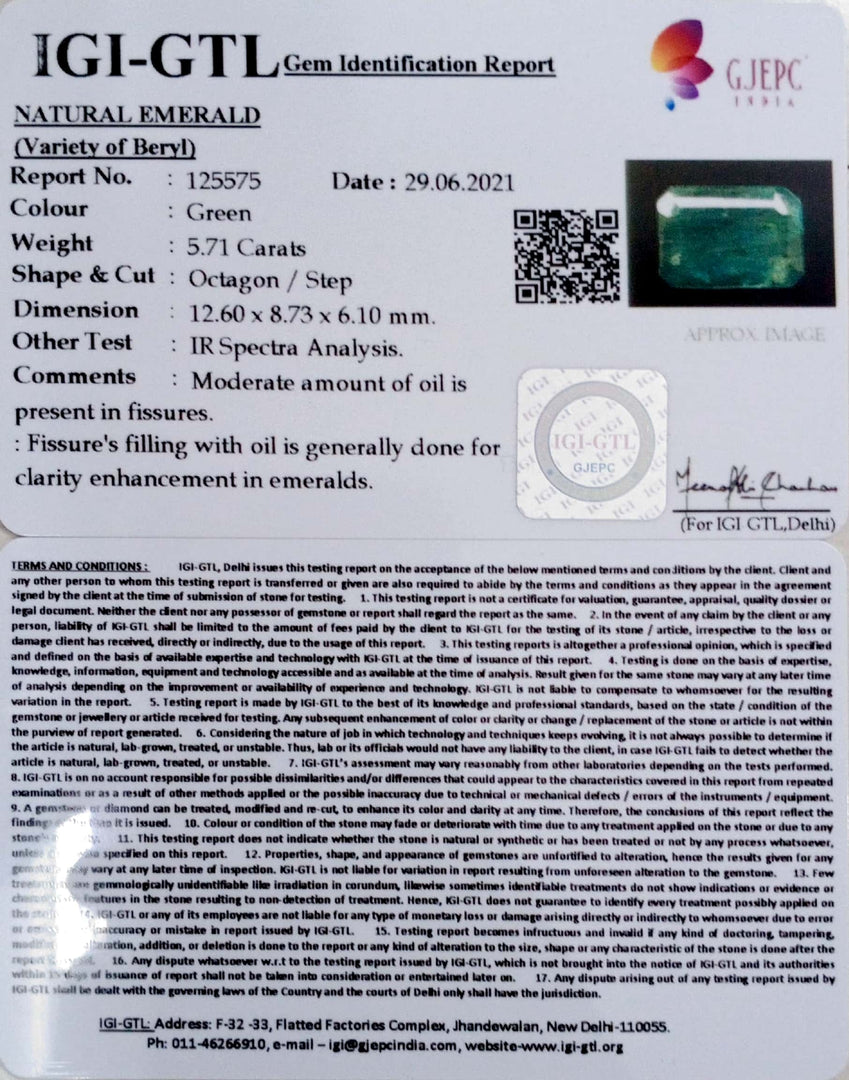 5.71/CT Natural Emerald Stone With Govt. Lab Certified (8991)