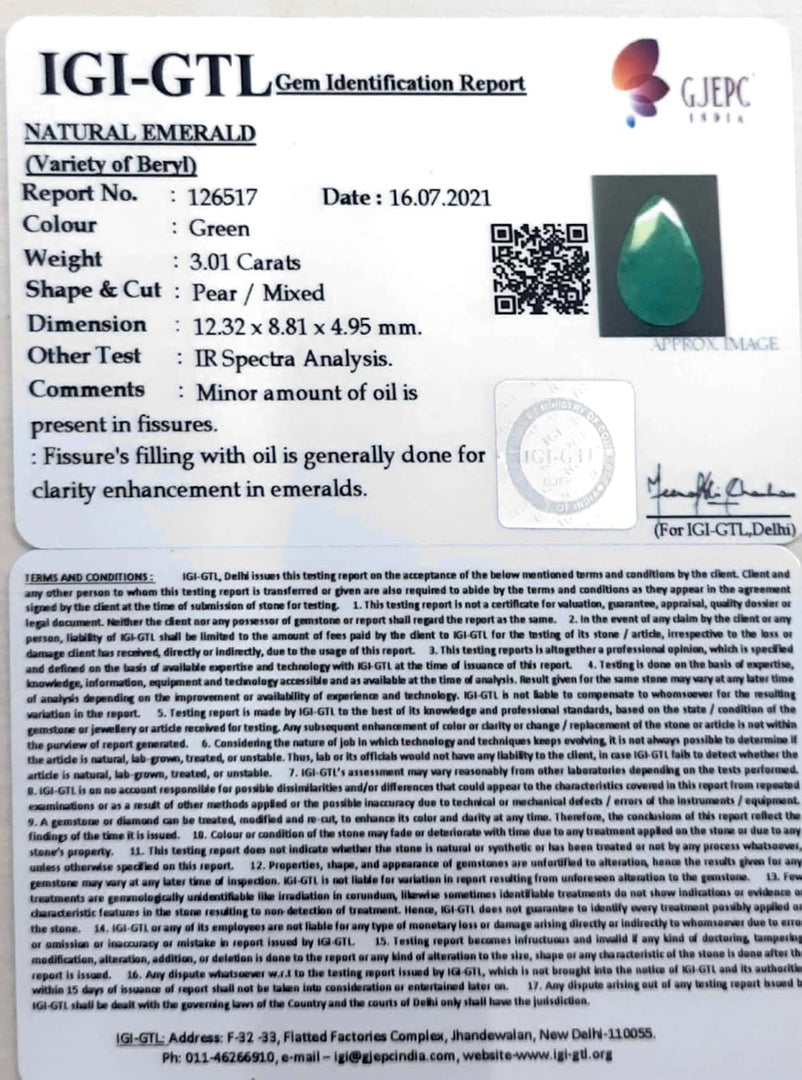 3.01/CT Natural Panna Stone with Govt. Lab Certified (3441)