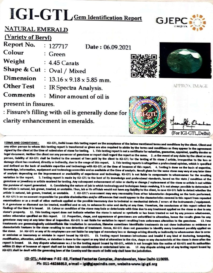 4.45/CT Natural Panna Stone with Govt. Lab Certified (3441)