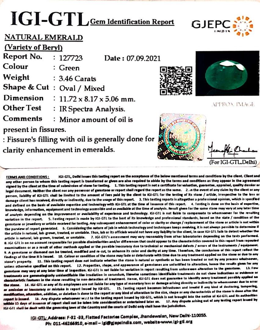 3.46/CT Natural Panna Stone with Govt. Lab Certificate  (6771)