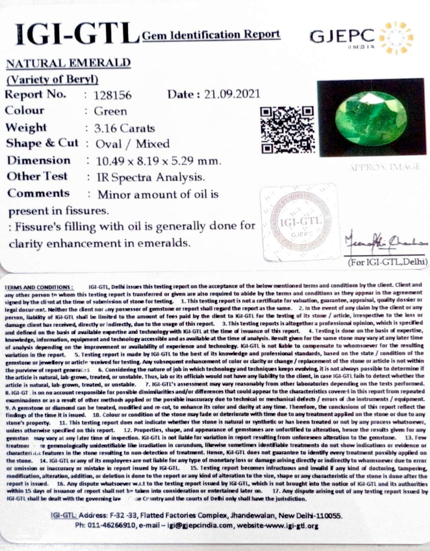 3.16/CT Natural Panna Stone with Govt. Lab Certificate  (6771)