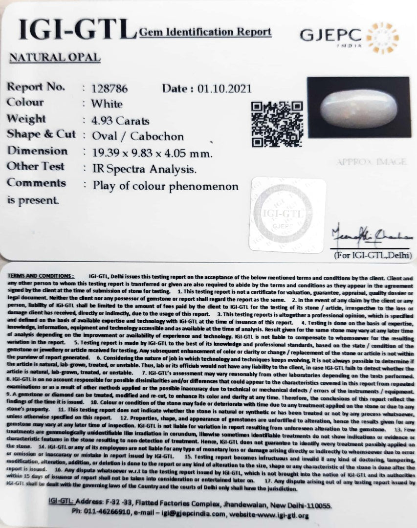 4.93/CT Natural Opal with Govt. Lab Certificate (3441)