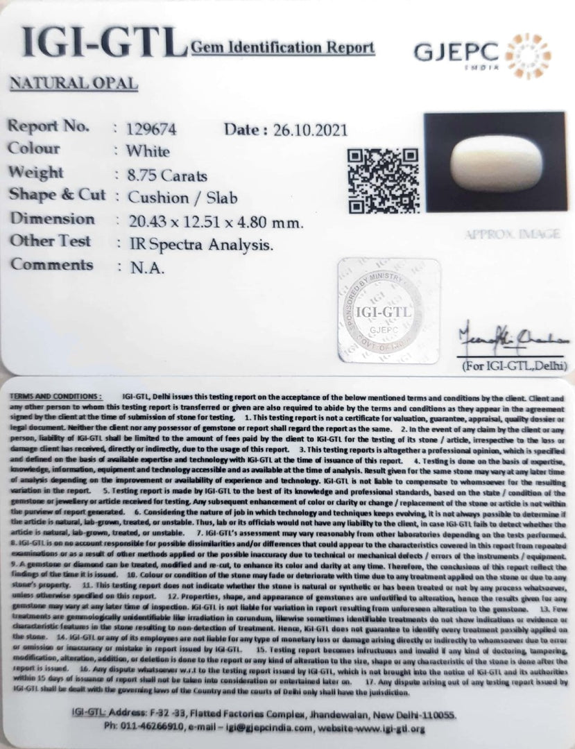 9.71 Ratti Natural Opal with Govt. Lab Certificate (832)