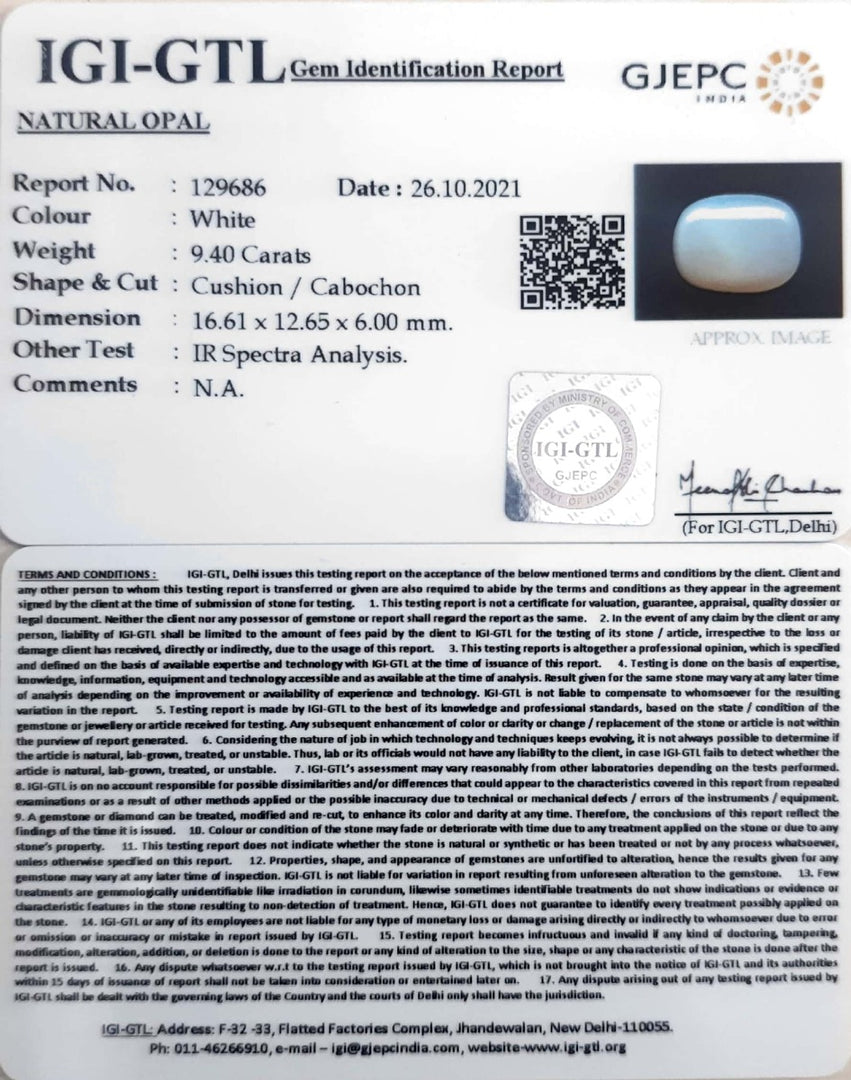 10.43 Ratti Natural Opal with Govt. Lab Certificate (832)