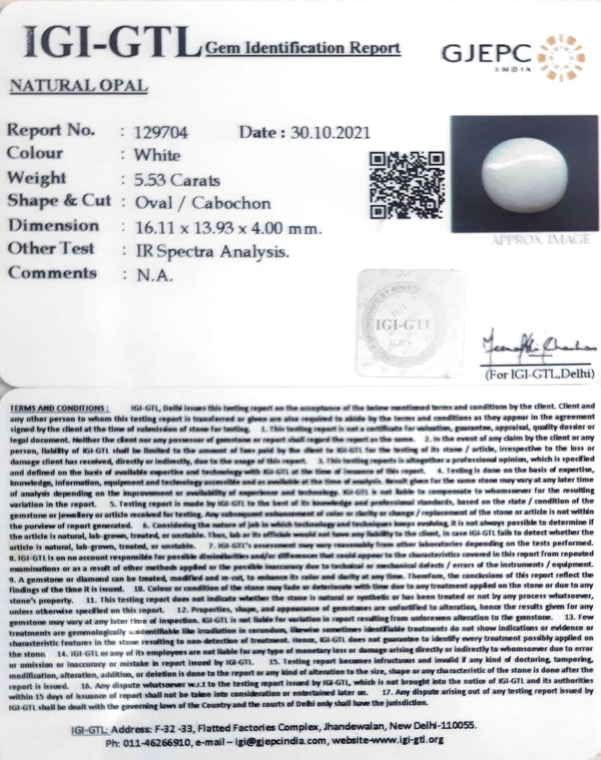 6.13 Ratti Natural Opal with Govt. Lab Certificate (832)