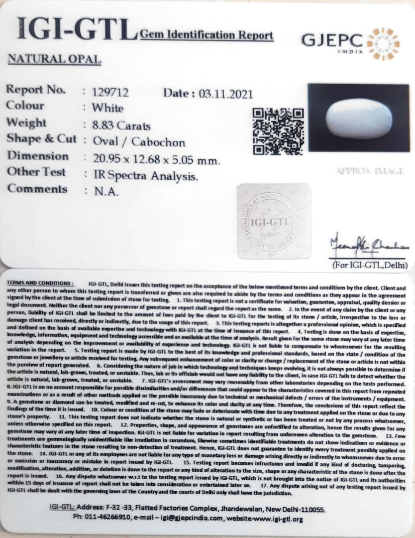 9.80 Ratti Natural Opal with Govt. Lab Certificate (832)