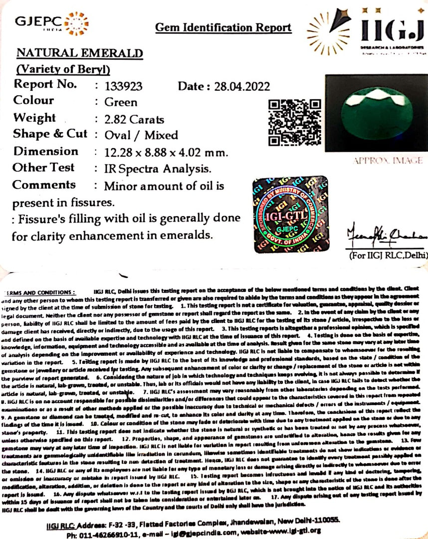 2.82/CT Natural Panna Stone with Govt. Lab Certified (3441)