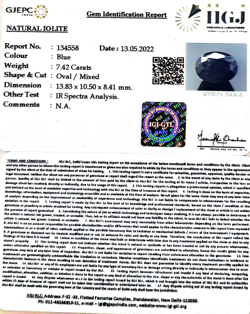 7.42/CT Natural Iolite with Govt Lab Certificate-(832)