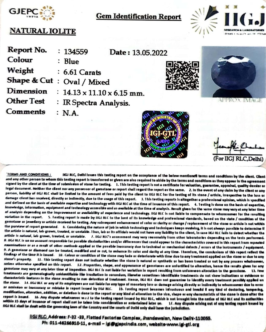 6.61/CT Natural Iolite with Govt. Lab Certificate (832)