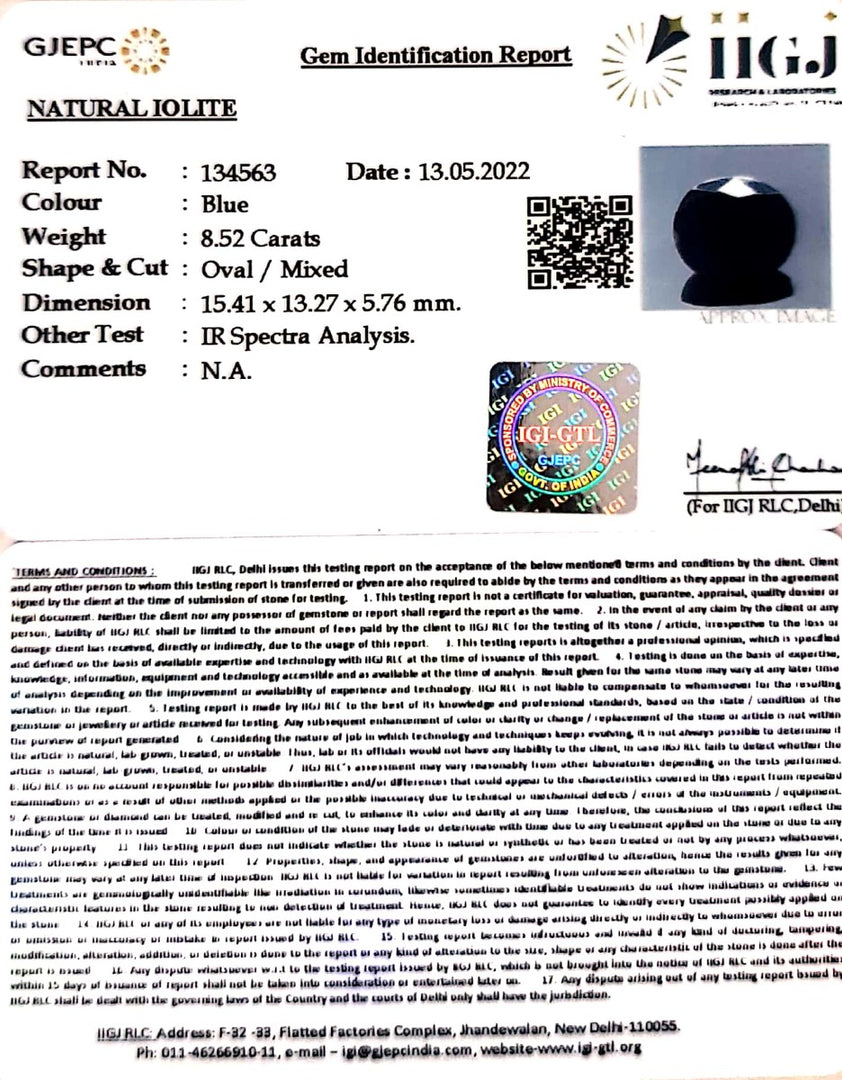 8.52/CT Natural Iolite with Govt Lab Certificate-(1221)