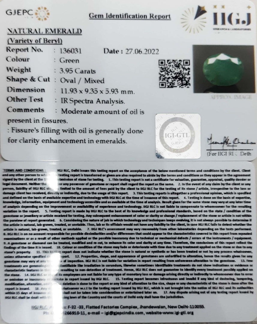 3.95/CT Natural Panna Stone with Govt. Lab Certified-4551