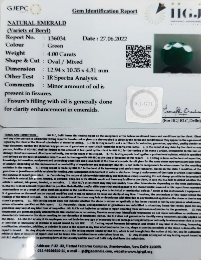 4.00/CT Natural Panna Stone with Govt. Lab Certified-12210