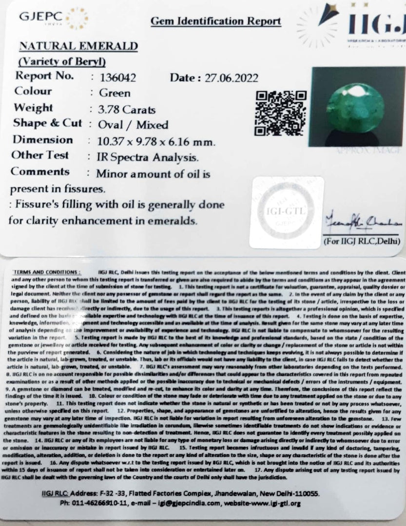 3.78/CT Natural Panna Stone with Govt. Lab Certified-1221