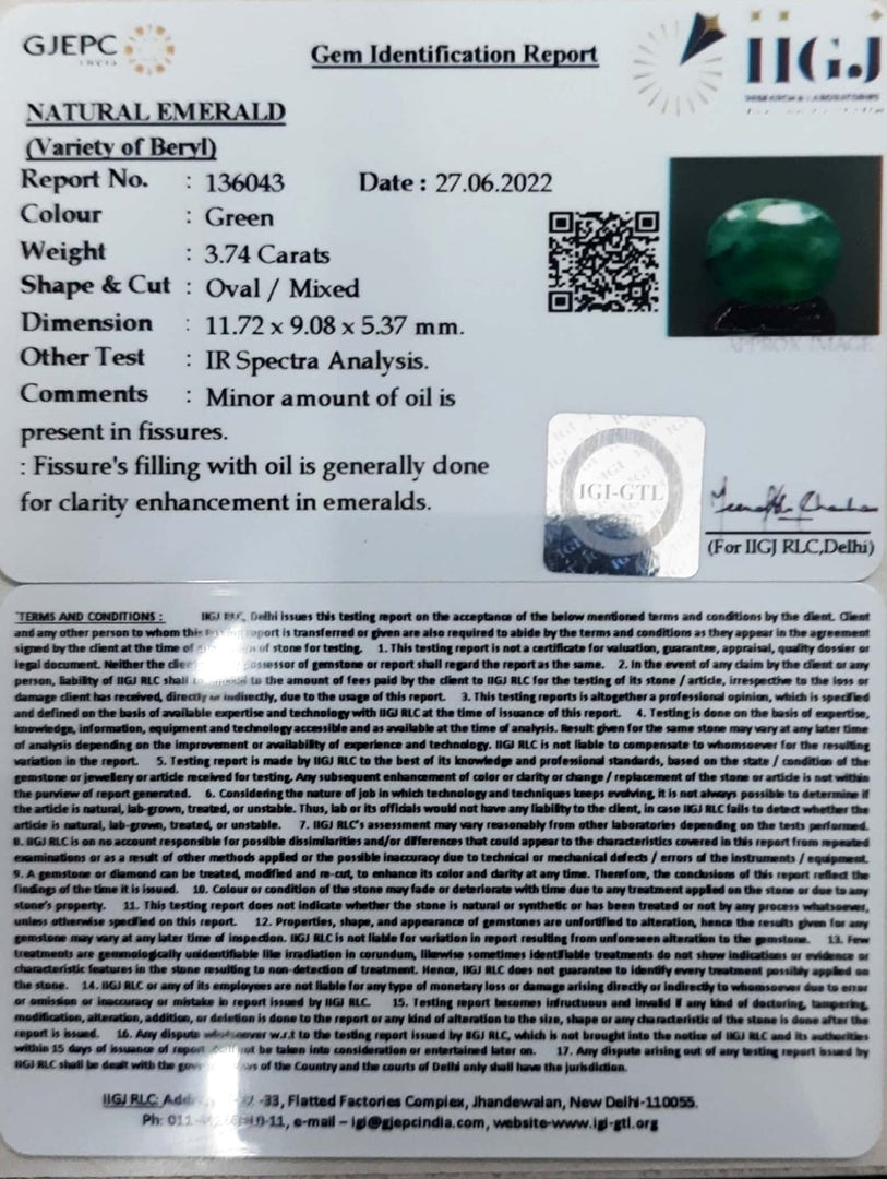 3.74/CT Natural Panna Stone with Govt. Lab Certified-(4551)