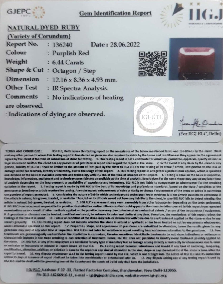 6.44/CT Natural Indian Ruby with Govt. Lab Certificate-1221