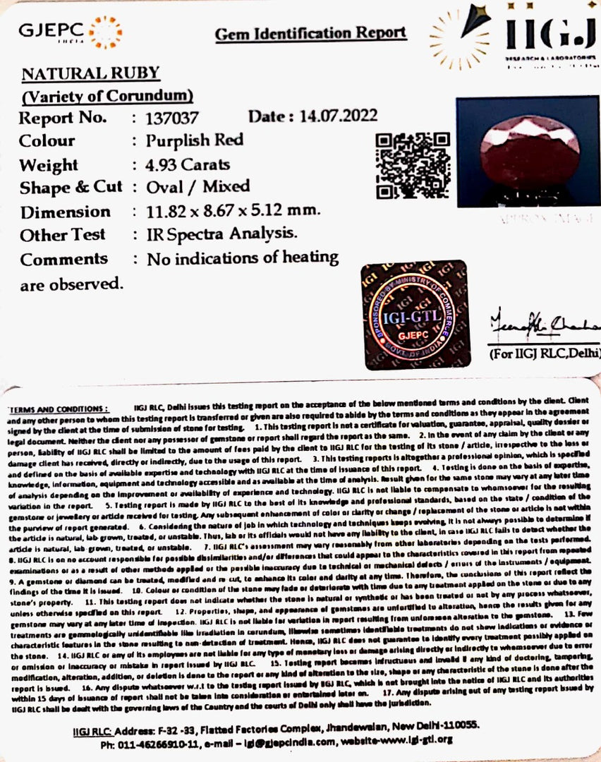 4.93/CT Natural Indian Ruby with Govt. Lab Certificate-1221