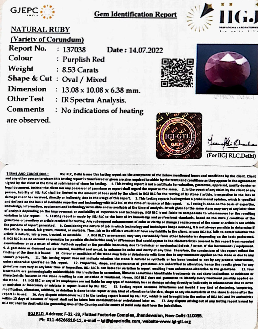 8.53/CT Natural Indian Ruby with Govt. Lab Certificate-2331