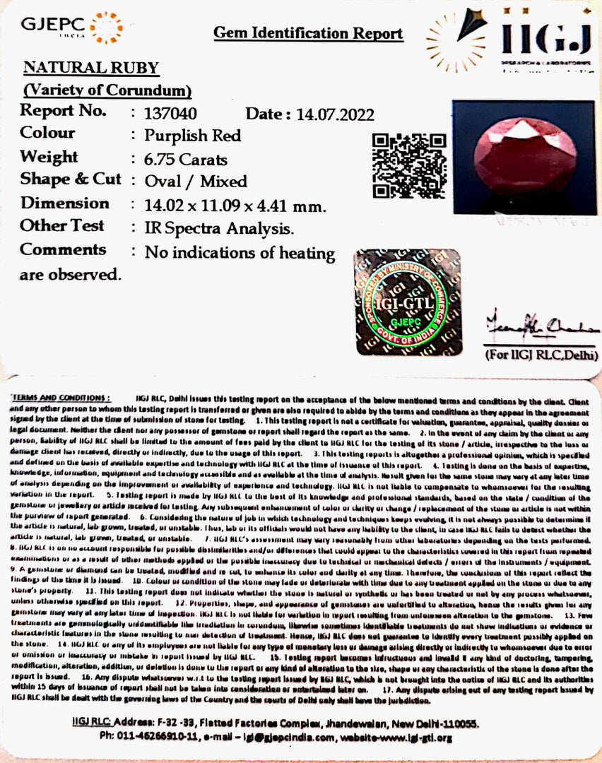 6.75/CT Natural Indian Ruby with Govt. Lab Certificate-1221