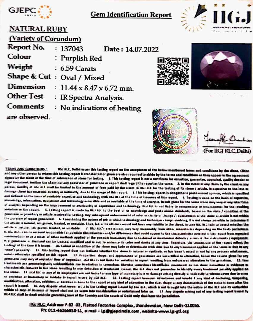 6.59/CT Natural Indian Ruby with Govt. Lab Certificate-2331