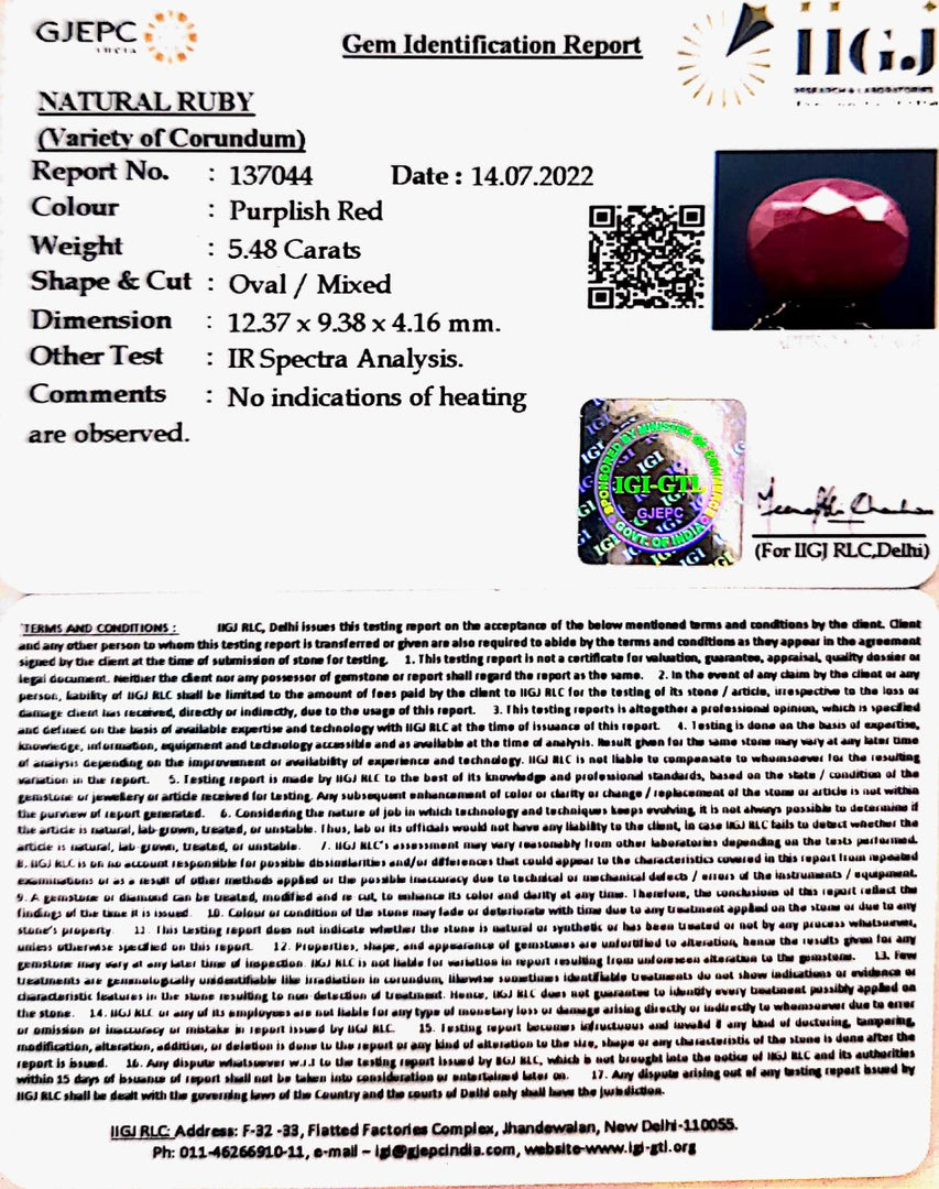 5.48/CT Natural Indian Ruby with Govt. Lab Certificate-2331