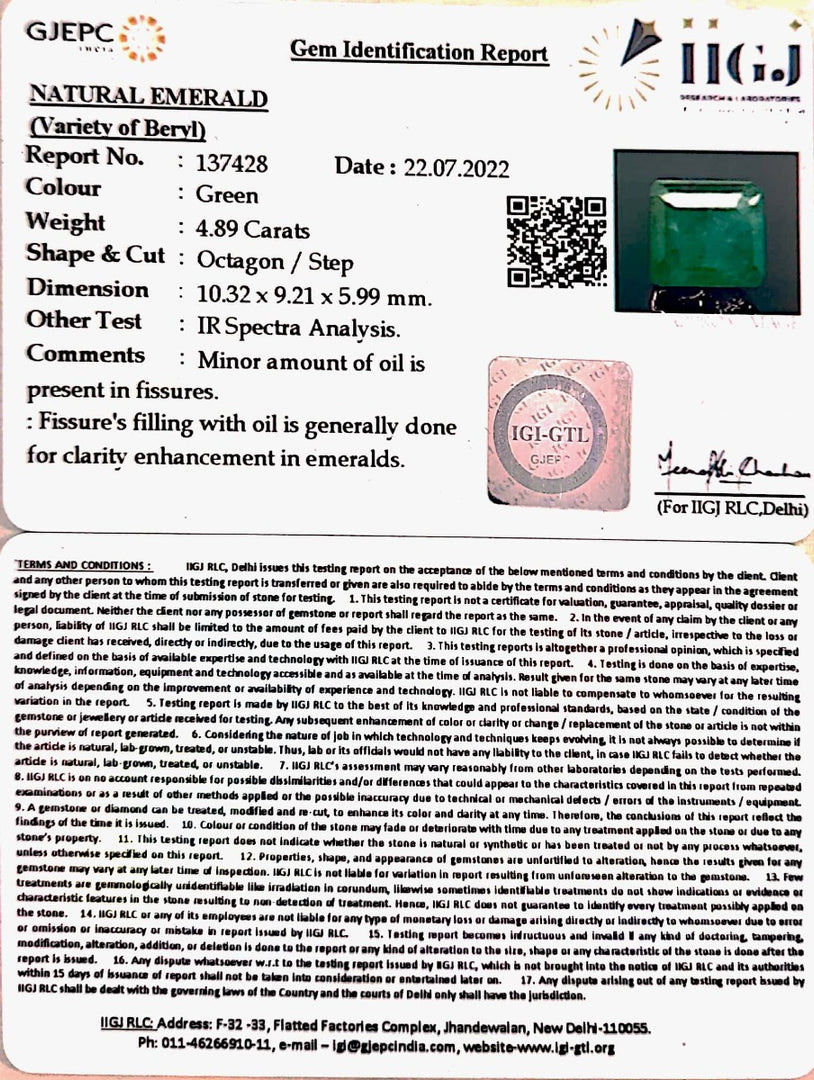 4.89/CT Natural Panna Stone with Govt. Lab Certified (6771)