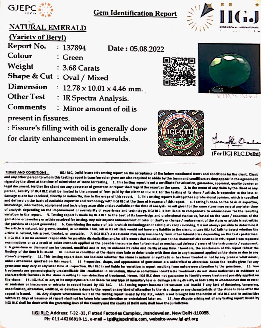 3.68/CT Natural Panna Stone with Govt. Lab Certified-3441