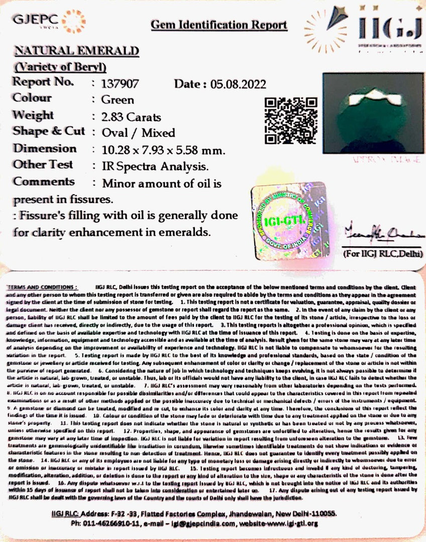 2.83/CT Natural Panna Stone with Govt. Lab Certified-(4551)